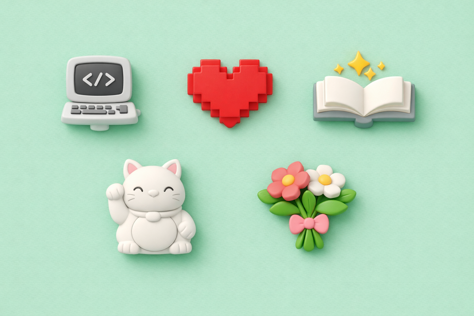 A playful collection of colorful 3D printed ideas including a computer, cat, pixel heart, book and flowers.
